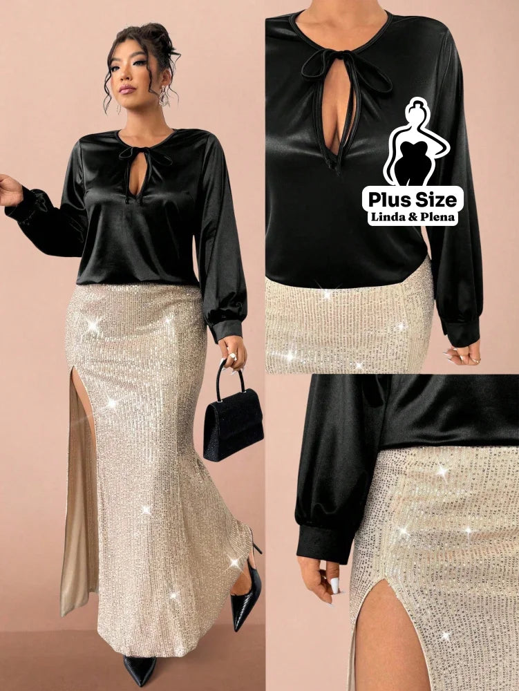 Conjunto Blusa Cetim Com Laço E Saia Brilhante Fenda Plus Size G Conjunto Blusa Cetim Com Laço E Saia Brilhante Fenda