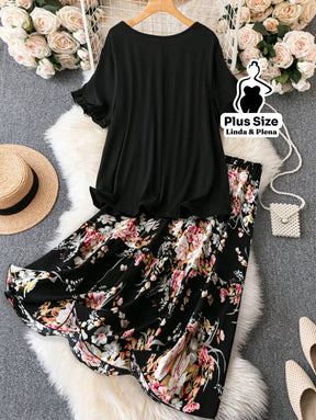Conjunto Blusa Com Babados E Saia Midi Estampada Plus Size Conjunto Blusa Com Babados E Saia Midi Estampada Plus Size