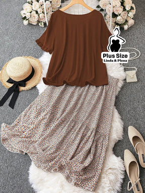 Conjunto Blusa Com Babados E Saia Midi Estampada Plus Size Conjunto Blusa Com Babados E Saia Midi Estampada Plus Size