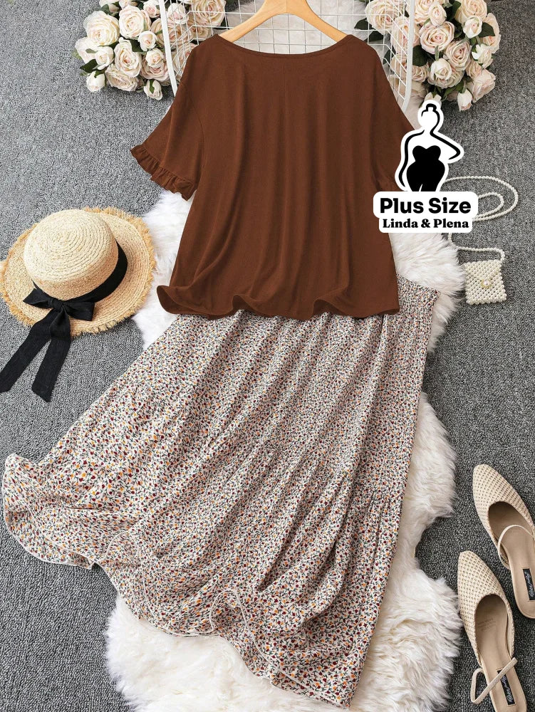 Conjunto Blusa Com Babados E Saia Midi Estampada Plus Size Conjunto Blusa Com Babados E Saia Midi Estampada Plus Size