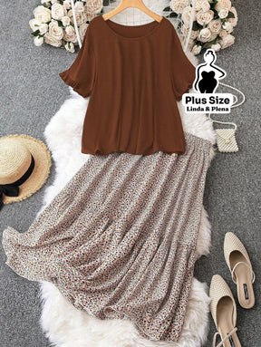 Conjunto Blusa Com Babados E Saia Midi Estampada Plus Size Marrom / G Conjunto Blusa Com Babados E Saia Midi Estampada