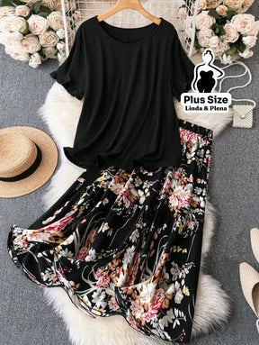 Conjunto Blusa Com Babados E Saia Midi Estampada Plus Size Preto Floral / G Conjunto Blusa Com Babados E Saia Midi