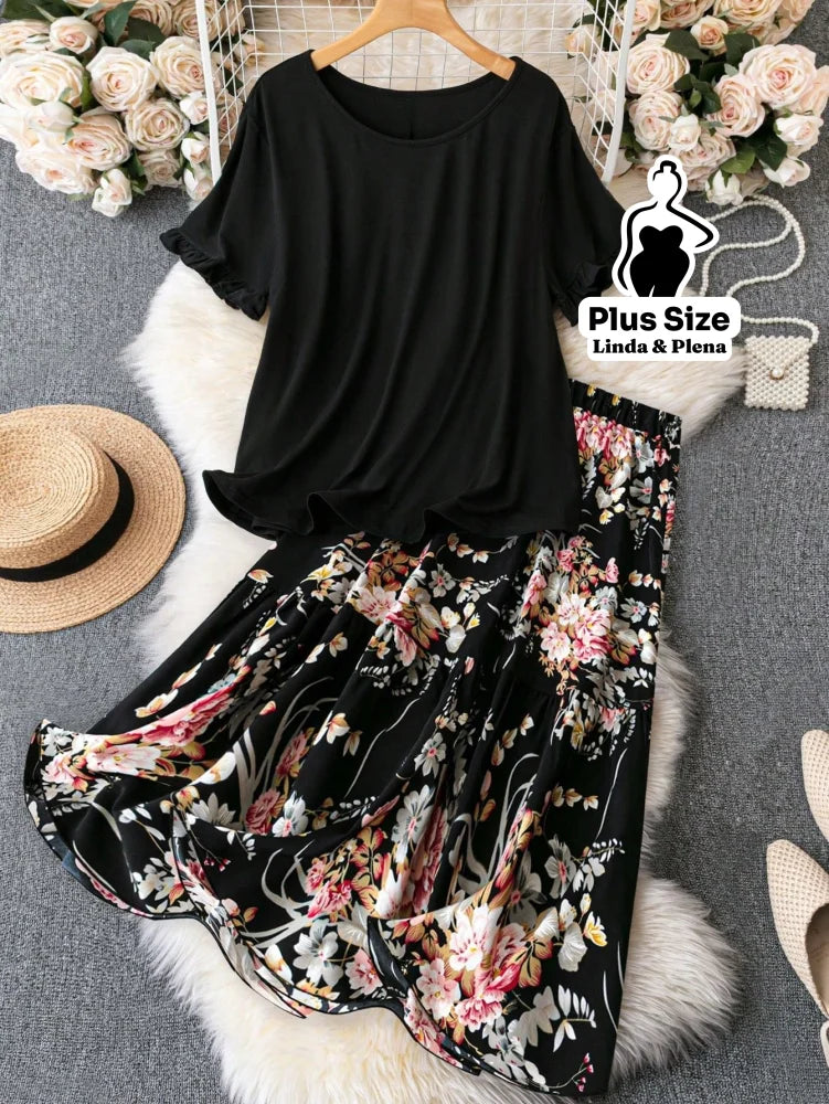 Conjunto Blusa Com Babados E Saia Midi Estampada Plus Size Preto Floral / G Conjunto Blusa Com Babados E Saia Midi
