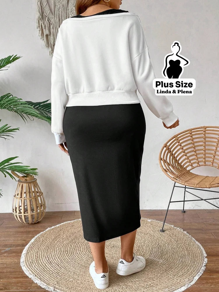 Conjunto Blusa Cropped Manga Longa E Saia Midi Plus Size Conjunto Blusa Cropped Manga Longa E Saia Midi Plus Size
