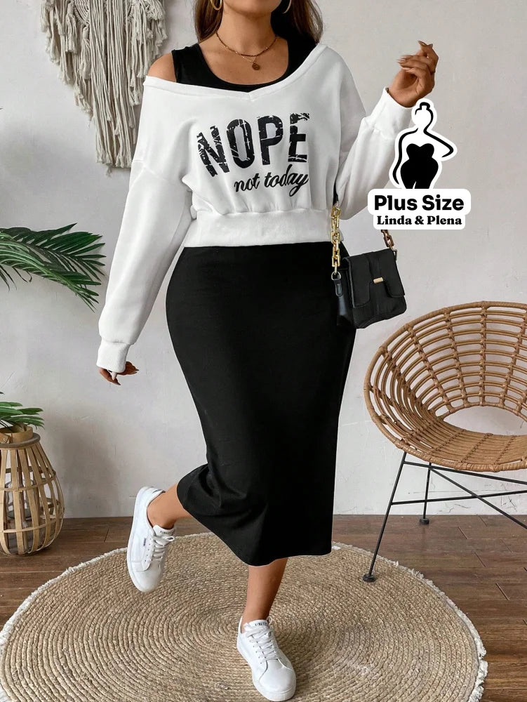 Conjunto Blusa Cropped Manga Longa E Saia Midi Plus Size Branco / G Conjunto Blusa Cropped Manga Longa E Saia Midi Plus