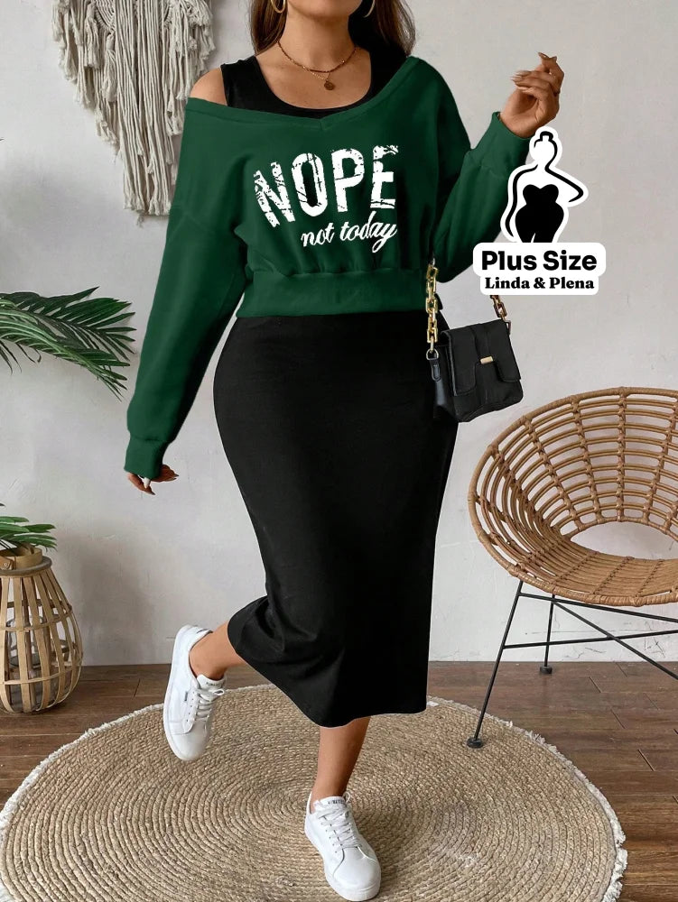 Conjunto Blusa Cropped Manga Longa E Saia Midi Plus Size Verde / G Conjunto Blusa Cropped Manga Longa E Saia Midi Plus
