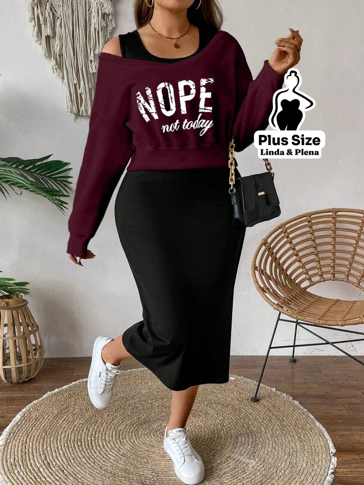 Conjunto Blusa Cropped Manga Longa E Saia Midi Plus Size Vinho / G Conjunto Blusa Cropped Manga Longa E Saia Midi Plus