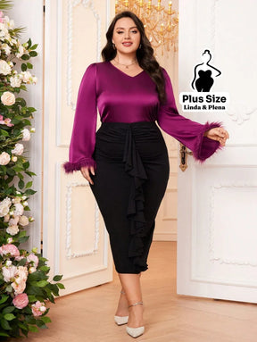 Conjunto Blusa De Cetim Com Manga De Plumas E Saia Plus Size Conjunto Blusa De Cetim Com Manga De Plumas E Saia Plus