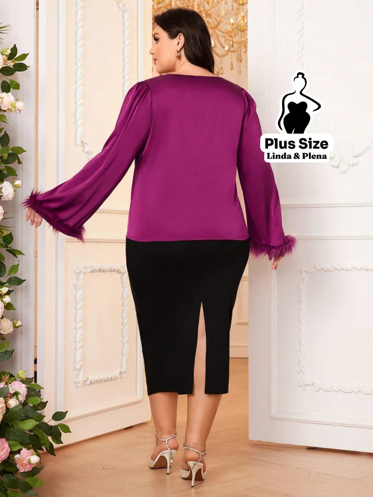 Conjunto Blusa De Cetim Com Manga De Plumas E Saia Plus Size Conjunto Blusa De Cetim Com Manga De Plumas E Saia Plus