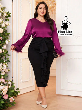 Conjunto Blusa De Cetim Com Manga De Plumas E Saia Plus Size Conjunto Blusa De Cetim Com Manga De Plumas E Saia Plus