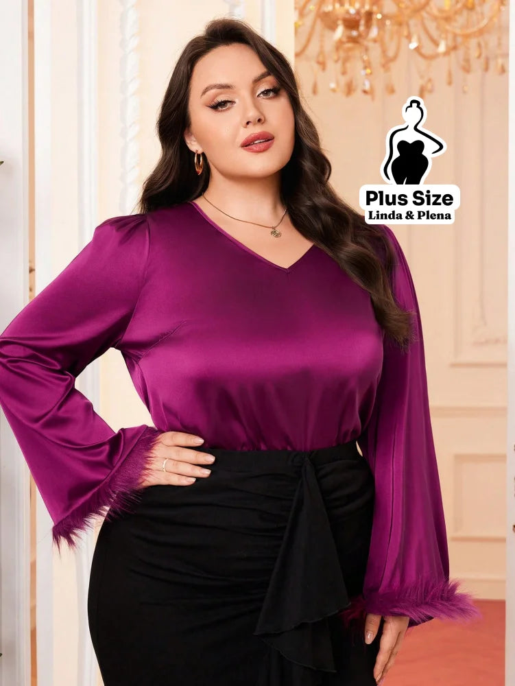 Conjunto Blusa De Cetim Com Manga De Plumas E Saia Plus Size Conjunto Blusa De Cetim Com Manga De Plumas E Saia Plus
