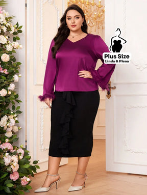 Conjunto Blusa De Cetim Com Manga De Plumas E Saia Plus Size Conjunto Blusa De Cetim Com Manga De Plumas E Saia Plus