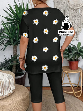 Conjunto Blusa Estampada Manga Curta Calça Capri Plus Size Conjunto Blusa Estampada Manga Curta Calça Capri Plus Size