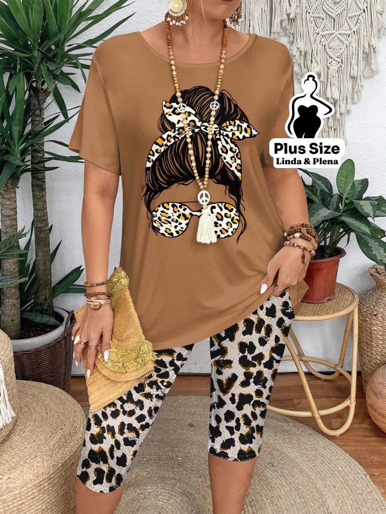Conjunto Blusa Estampada Manga Curta Calça Capri Plus Size Marrom Claro / G Conjunto Blusa Estampada Manga Curta Calça