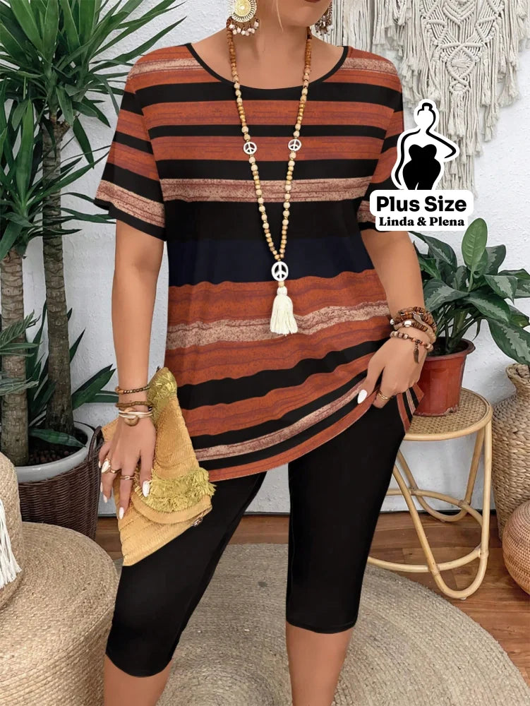 Conjunto Blusa Estampada Manga Curta Calça Capri Plus Size Marrom / G Conjunto Blusa Estampada Manga Curta Calça Capri