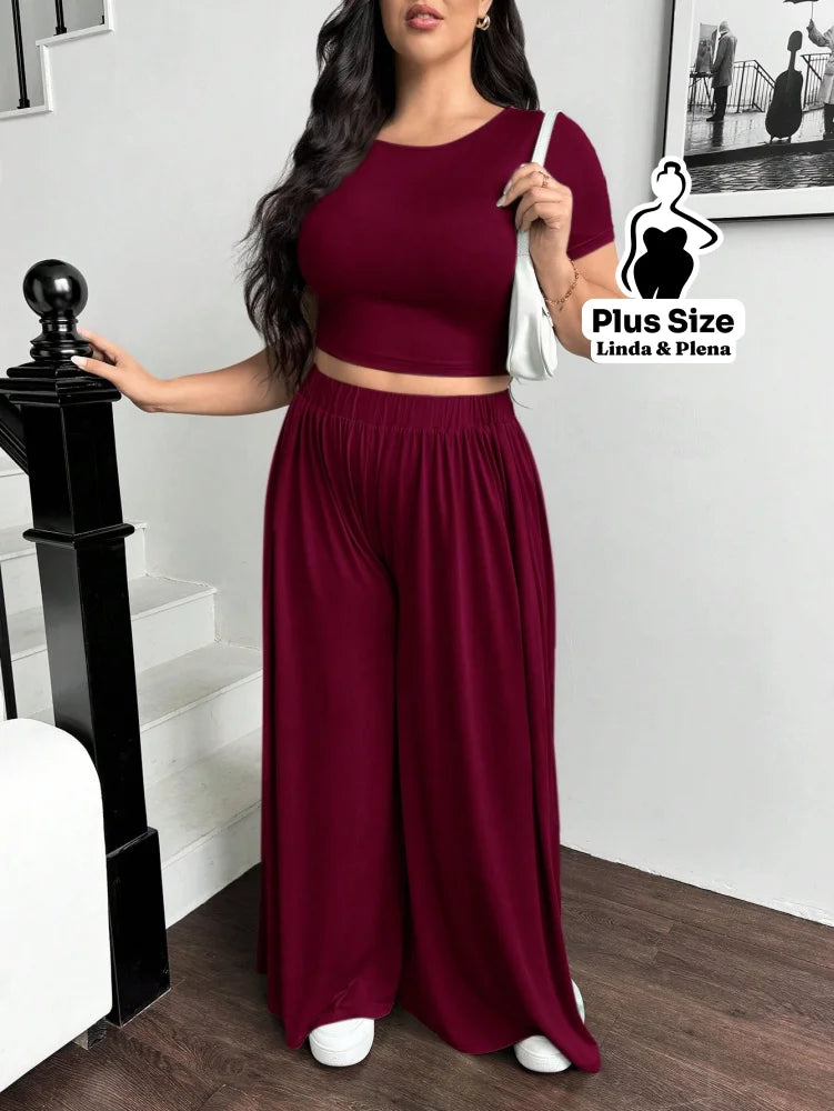 Conjunto Blusa Justa E Calça Pantalona Solta Plus Size Conjunto Blusa Justa E Calça Pantalona Solta Plus Size