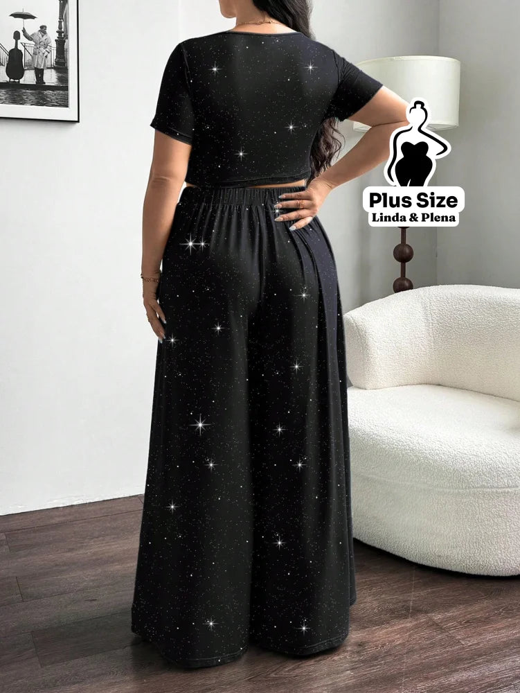 Conjunto Blusa Justa E Calça Pantalona Solta Plus Size Conjunto Blusa Justa E Calça Pantalona Solta Plus Size