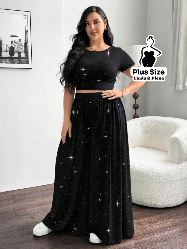 Conjunto Blusa Justa E Calça Pantalona Solta Plus Size Conjunto Blusa Justa E Calça Pantalona Solta Plus Size