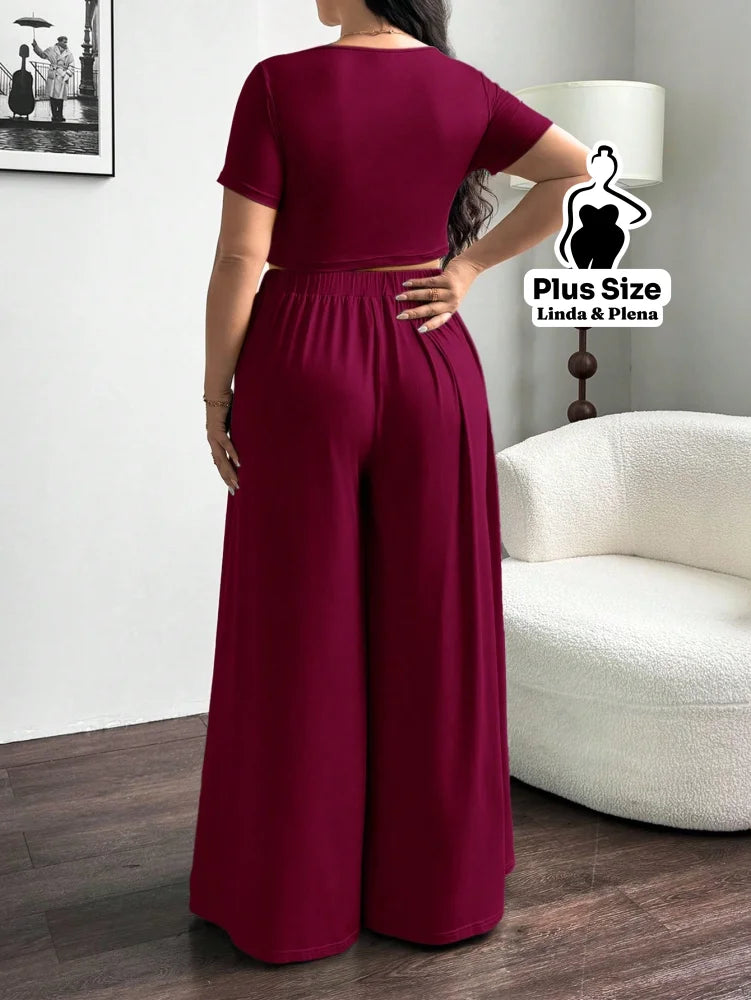 Conjunto Blusa Justa E Calça Pantalona Solta Plus Size Conjunto Blusa Justa E Calça Pantalona Solta Plus Size