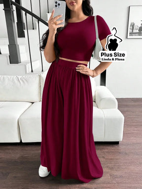 Conjunto Blusa Justa E Calça Pantalona Solta Plus Size Conjunto Blusa Justa E Calça Pantalona Solta Plus Size