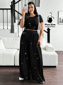 Conjunto Blusa Justa E Calça Pantalona Solta Plus Size Preto / G Conjunto Blusa Justa E Calça Pantalona Solta Plus Size