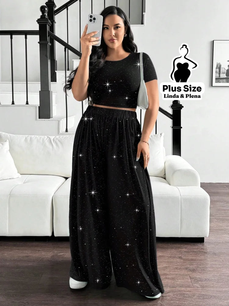 Conjunto Blusa Justa E Calça Pantalona Solta Plus Size Preto / G Conjunto Blusa Justa E Calça Pantalona Solta Plus Size