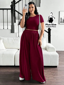 Conjunto Blusa Justa E Calça Pantalona Solta Plus Size Vinho / G Conjunto Blusa Justa E Calça Pantalona Solta Plus Size