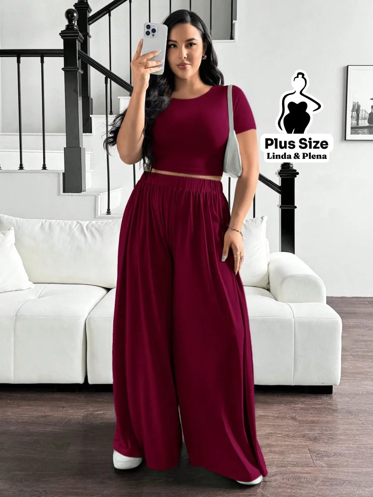 Conjunto Blusa Justa E Calça Pantalona Solta Plus Size Vinho / G Conjunto Blusa Justa E Calça Pantalona Solta Plus Size