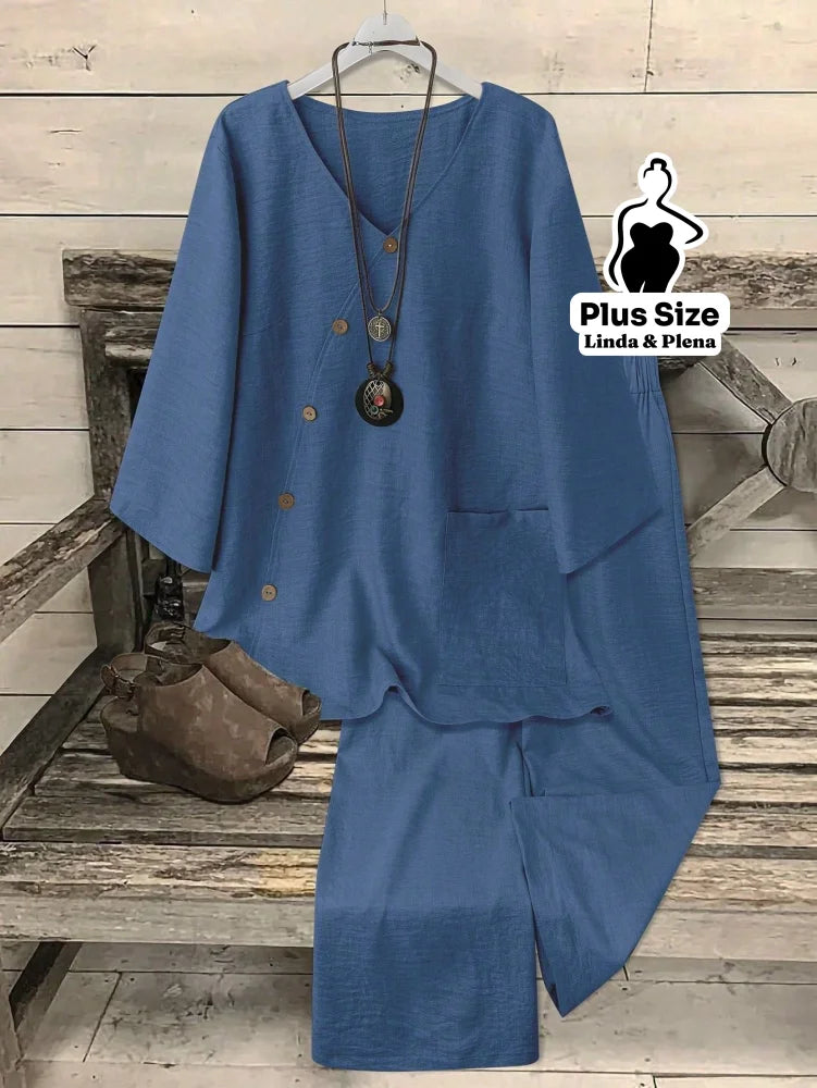 Conjunto Blusa Manga 3 4 Botões Calça Pantalona Plus Size Azul Marinho / G Conjunto Blusa Manga 3 4 Botões Calça