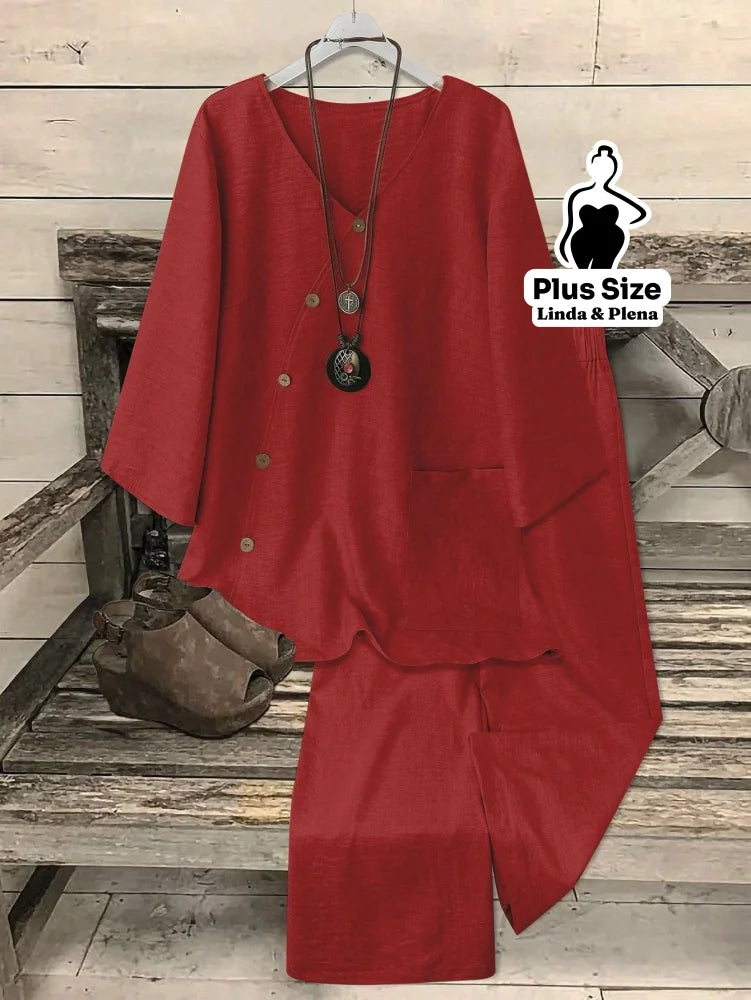 Conjunto Blusa Manga 3 4 Botões Calça Pantalona Plus Size Vermelho / G Conjunto Blusa Manga 3 4 Botões Calça Pantalona