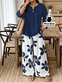 Conjunto Blusa Manga 3 4 Botões Pantalona Estampada Plus Size Azul Marinho / G Conjunto Blusa Manga 3 4 Botões