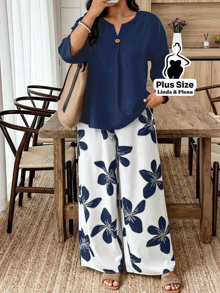 Conjunto Blusa Manga 3 4 Botões Pantalona Estampada Plus Size Azul Marinho / G Conjunto Blusa Manga 3 4 Botões