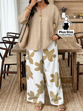 Conjunto Blusa Manga 3 4 Botões Pantalona Estampada Plus Size Caqui / G Conjunto Blusa Manga 3 4 Botões Pantalona