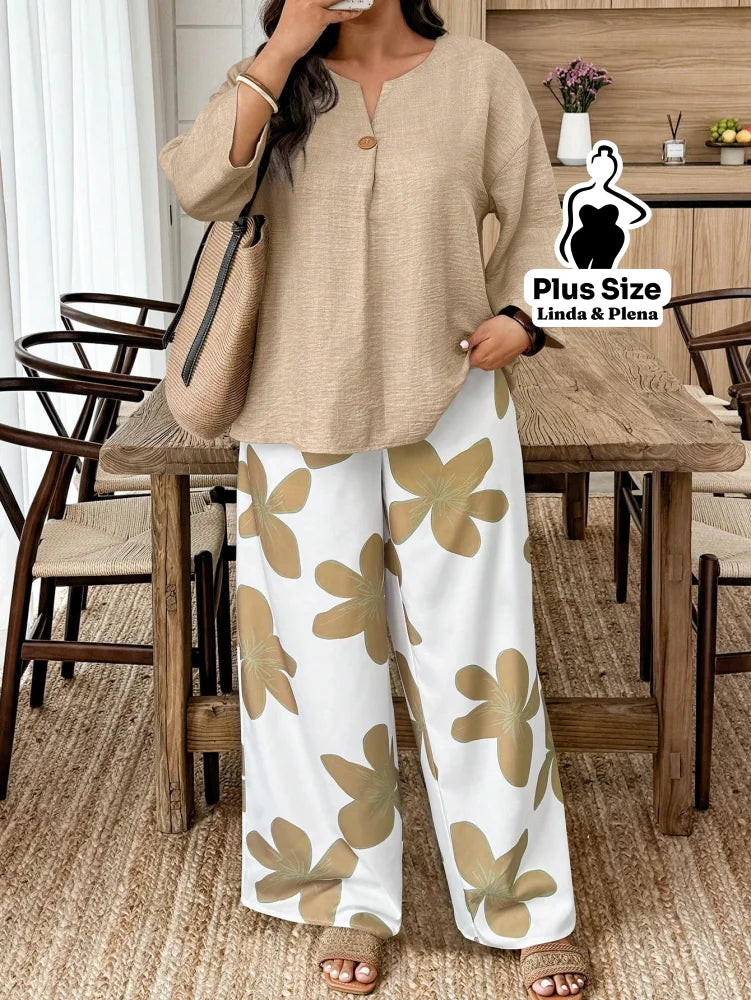 Conjunto Blusa Manga 3 4 Botões Pantalona Estampada Plus Size Caqui / G Conjunto Blusa Manga 3 4 Botões Pantalona