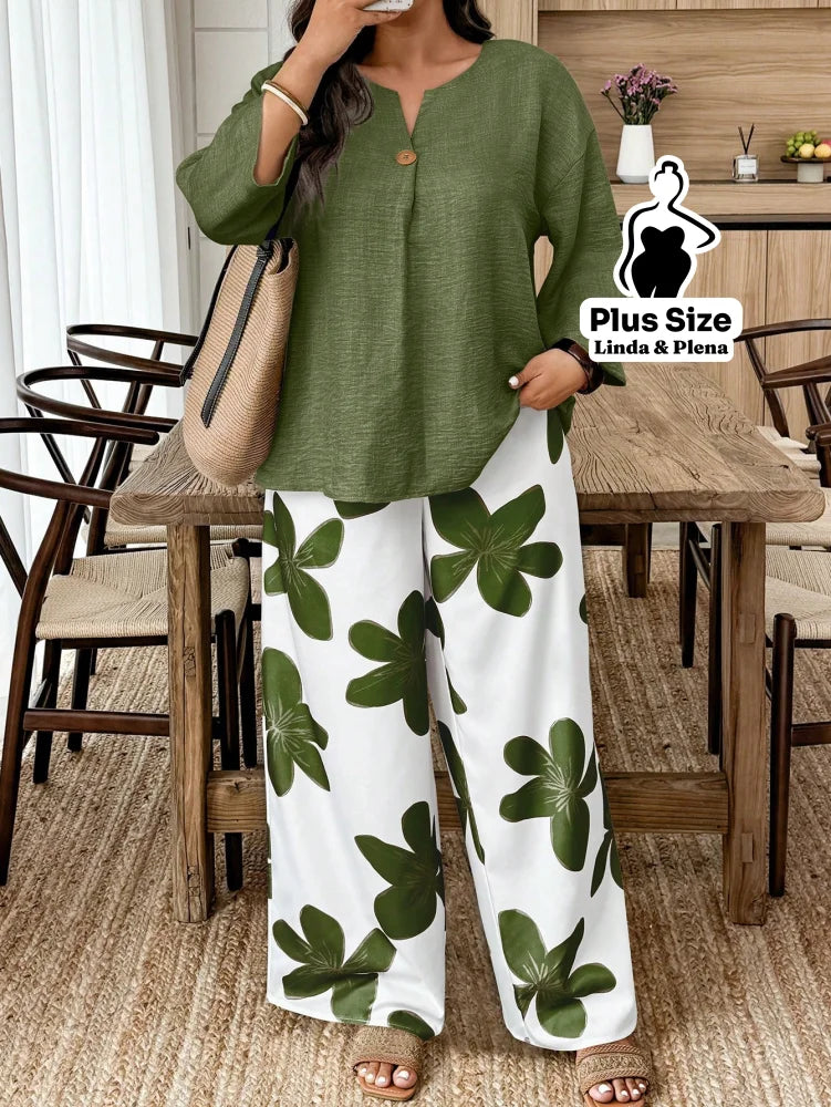 Conjunto Blusa Manga 3 4 Botões Pantalona Estampada Plus Size Verde / G Conjunto Blusa Manga 3 4 Botões Pantalona