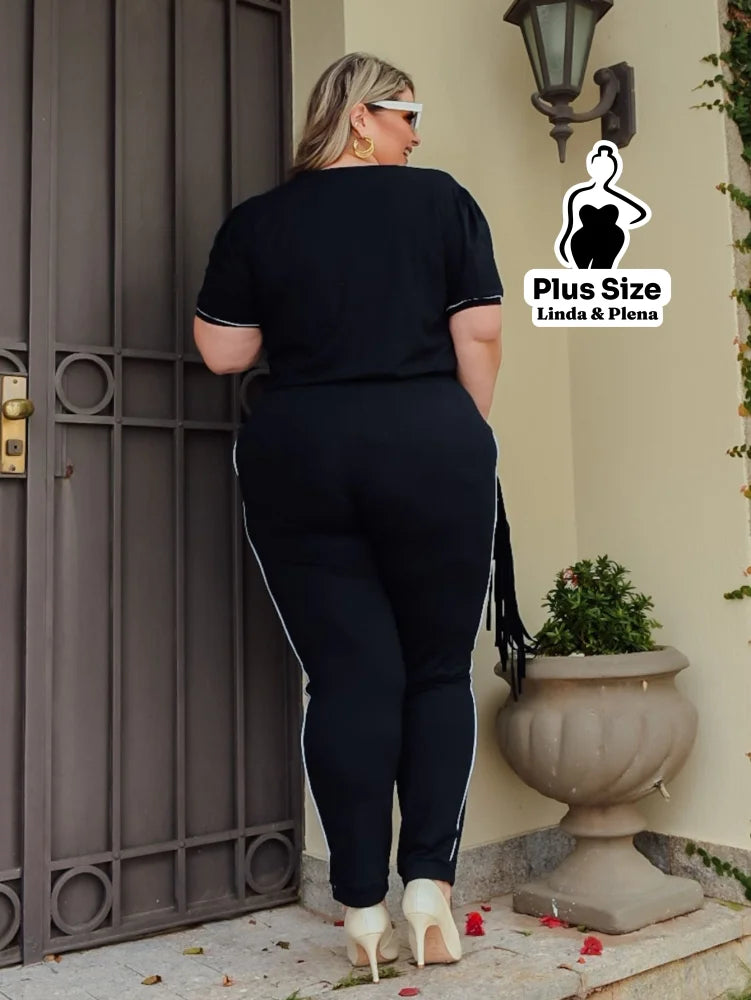 Conjunto Blusa Manga Curta Calça Jogger Faixa Lateral Plus Size Conjunto Blusa Manga Curta Calça Jogger Faixa Lateral
