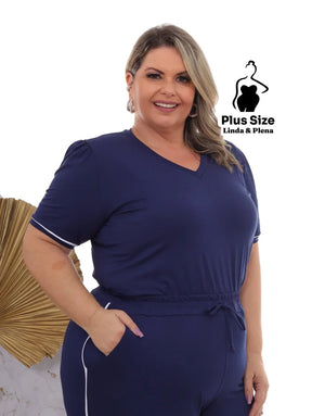 Conjunto Blusa Manga Curta Calça Jogger Faixa Lateral Plus Size Conjunto Blusa Manga Curta Calça Jogger Faixa Lateral