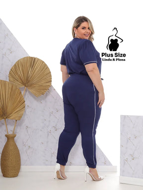 Conjunto Blusa Manga Curta Calça Jogger Faixa Lateral Plus Size Conjunto Blusa Manga Curta Calça Jogger Faixa Lateral
