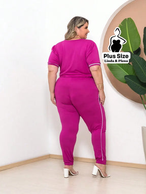 Conjunto Blusa Manga Curta Calça Jogger Faixa Lateral Plus Size Conjunto Blusa Manga Curta Calça Jogger Faixa Lateral