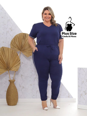 Conjunto Blusa Manga Curta Calça Jogger Faixa Lateral Plus Size Azul Marinho / G Conjunto Blusa Manga Curta Calça