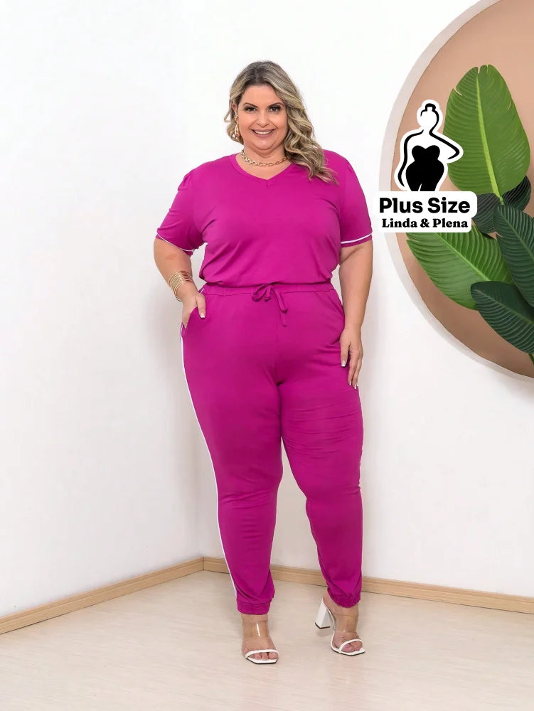 Conjunto Blusa Manga Curta Calça Jogger Faixa Lateral Plus Size Púrpura / G Conjunto Blusa Manga Curta Calça Jogger