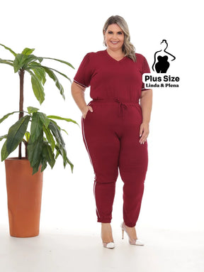 Conjunto Blusa Manga Curta Calça Jogger Faixa Lateral Plus Size Vinho / G Conjunto Blusa Manga Curta Calça Jogger Faixa