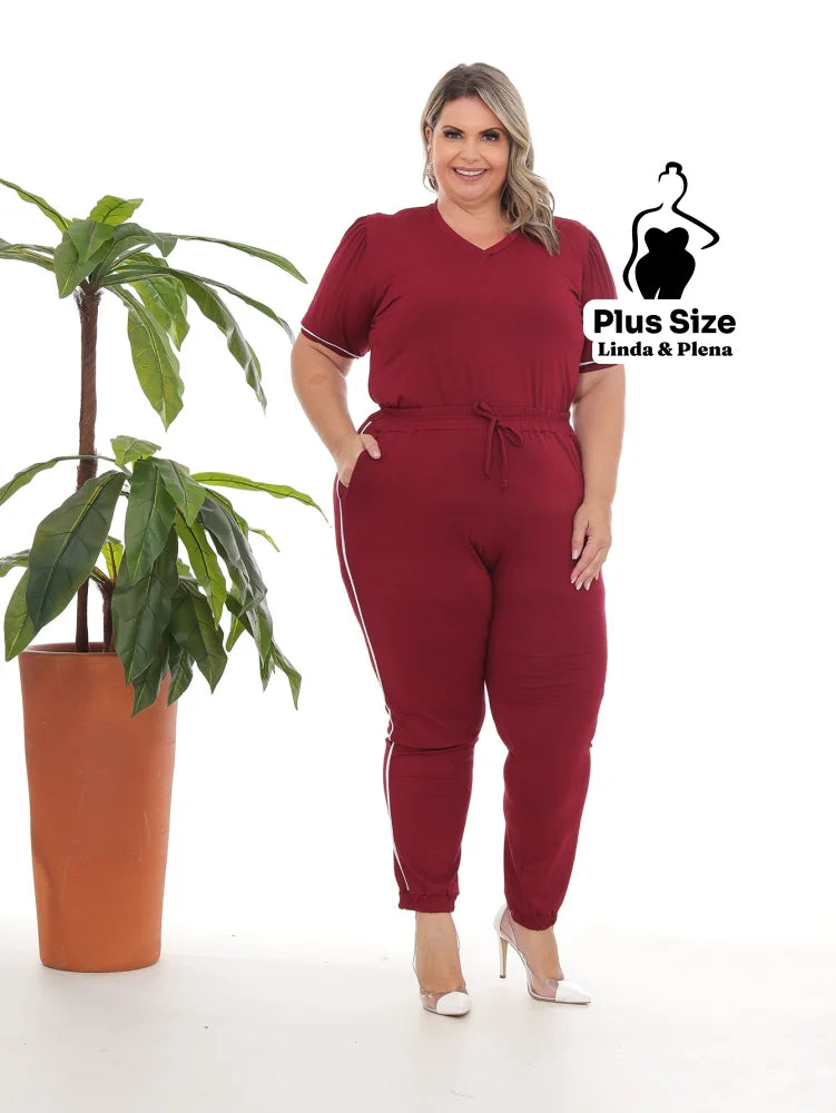 Conjunto Blusa Manga Curta Calça Jogger Faixa Lateral Plus Size Vinho / G Conjunto Blusa Manga Curta Calça Jogger Faixa
