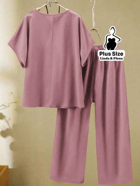 Conjunto Blusa Manga Curta Calça Pantalona Cós Elástico Plus Size Conjunto Blusa Manga Curta Calça Pantalona Cós