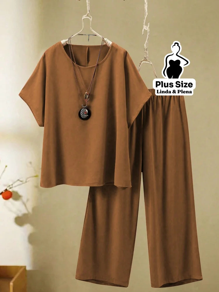 Conjunto Blusa Manga Curta Calça Pantalona Cós Elástico Plus Size Café / G Conjunto Blusa Manga Curta Calça Pantalona