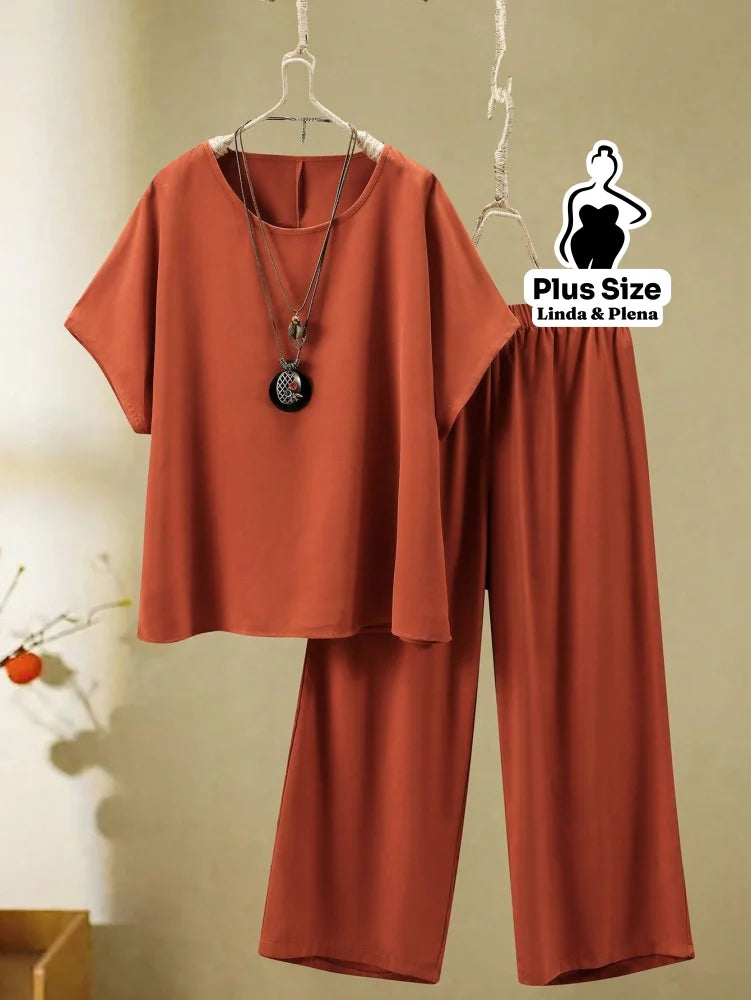 Conjunto Blusa Manga Curta Calça Pantalona Cós Elástico Plus Size Laranja Queimado / G Conjunto Blusa Manga Curta Calça