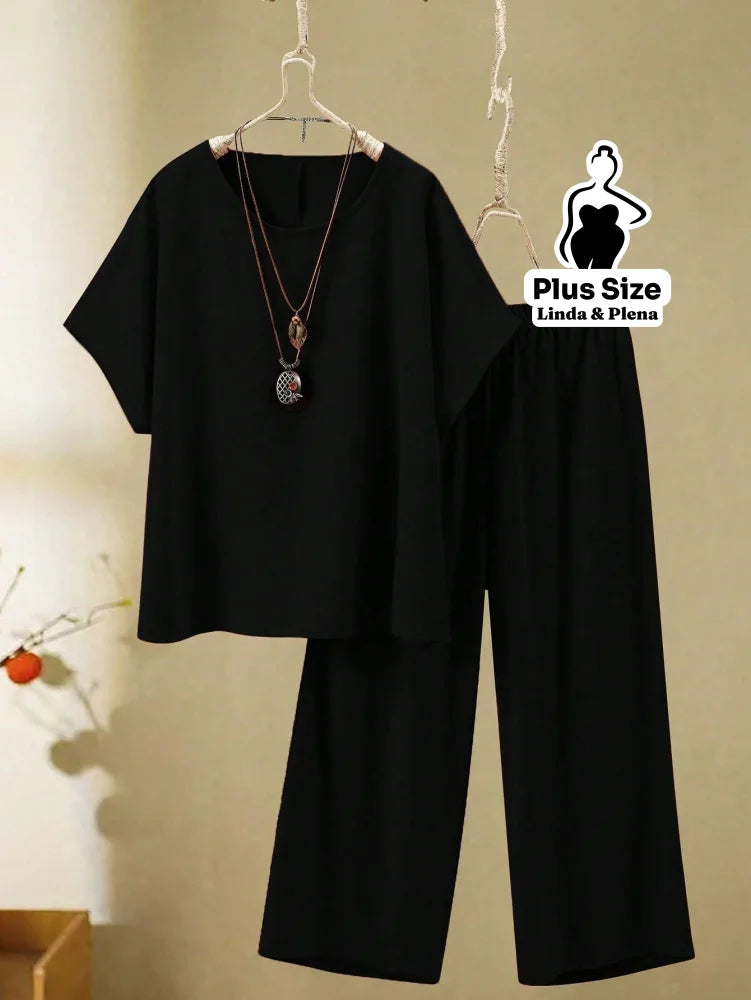 Conjunto Blusa Manga Curta Calça Pantalona Cós Elástico Plus Size Preto / G Conjunto Blusa Manga Curta Calça Pantalona