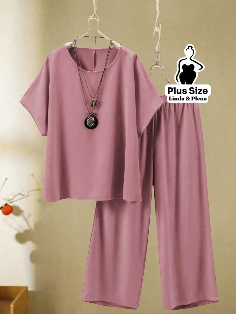 Conjunto Blusa Manga Curta Calça Pantalona Cós Elástico Plus Size Rosa Empoeirado / G Conjunto Blusa Manga Curta Calça