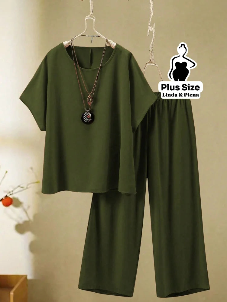 Conjunto Blusa Manga Curta Calça Pantalona Cós Elástico Plus Size Verde Escuro / G Conjunto Blusa Manga Curta Calça