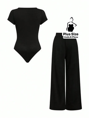 Conjunto Blusa Manga Curta Com Decote E Calça Pantalona Plus Size Conjunto Blusa Manga Curta Com Decote E Calça